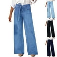 thumbnail image 1 of Jacenvly New Trousers for Women Long Pants Fashion Solid Elastic Waisted Wide Leg Pants for Women Mid Waist Skin-Friendly Elastic Waisted Pocket Tie Front Dark Blue L, 1 of 9