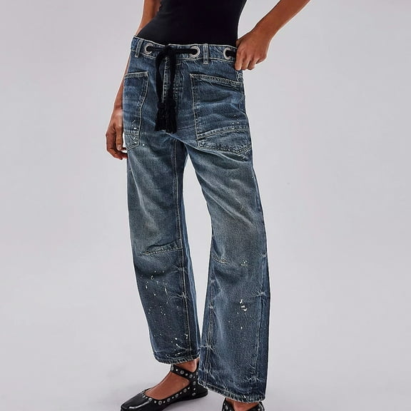 Jacenvly New Trousers for Women Long Pants Loose Print Expandable Waist Wide Leg Jeans for Women Mid Waist Comfort Fit Expandable Waist Pocket Tie Front Blue M