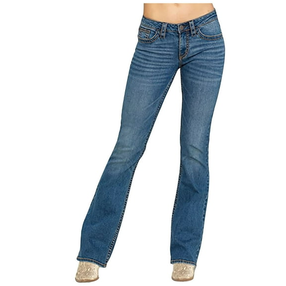 Jacenvly New Trousers for Women Long Pants Trendy Solid Comfort Waist Straight Leg Jeans for Women Mid Waist Soft Easy Care Comfort Waist Pocket Blue XXL