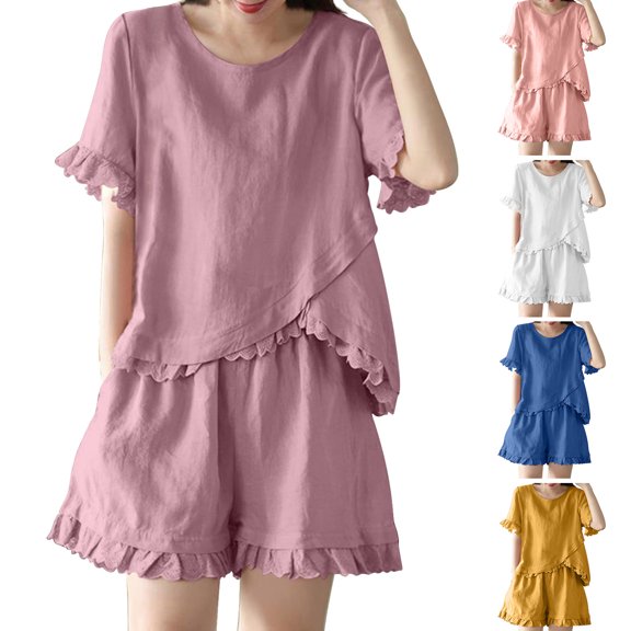 Jacenvly New Two Piece Suits for Women Ladies Solid Summer Color Openwork Lace Retro Cotton Irregular Suit Short Sleeve + Short Pants Two Piece Suits for Women