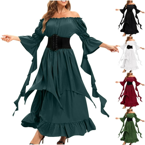 Jacenvly New Vintage Dresses for Women Fashion Women's Spring/Summer Solid Court Long Sleeve Round-Neck Dress Women Evening Dresses Army Green L
