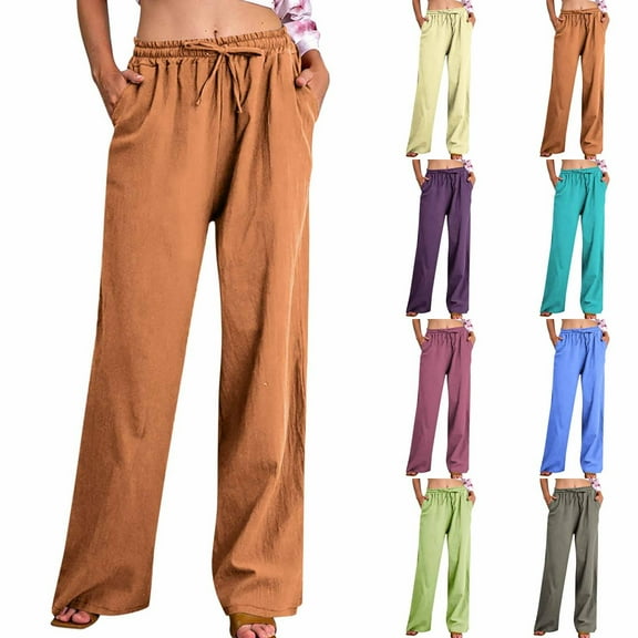Jacenvly New Women's Pants on Solid Fashion Full Length Pants Lightweight Mid Waisted Expandable Waist Drawstring Pocket Linen Pants Women Plus Dress Pants Women Yellow M