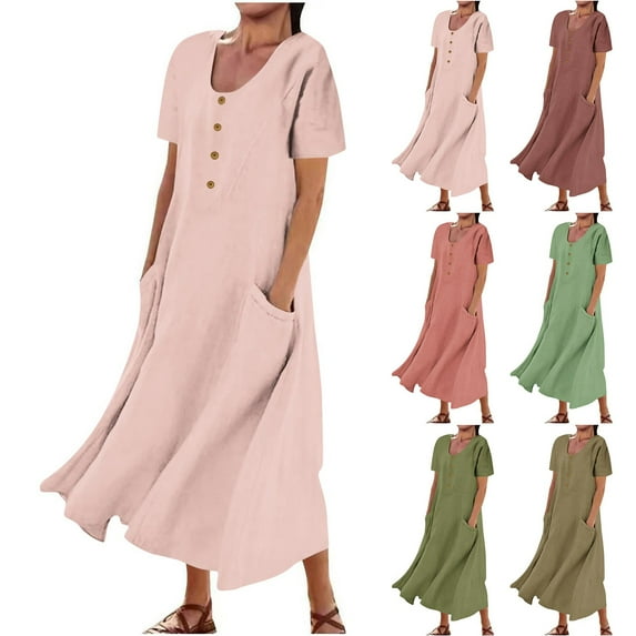 Jacenvly New Womens Summer Dresses Women'S Solid Color Short Sleeved Cotton Linen Dress Long Skirt Quick Drying Trendy Formal Dresses for Women 2024 Orange