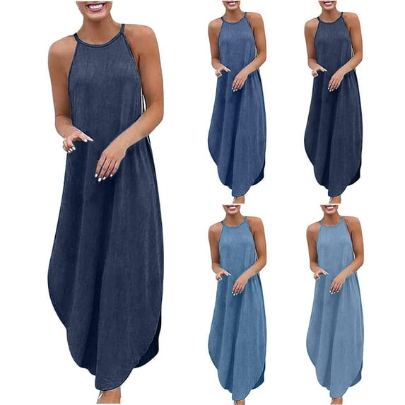 Jacenvly New Womens Summer Dresses Women'S Summer Loose Denim Camisole Dress Sleeveless Solid Color Skirt Long Skirt Quick Drying Trendy Formal Dresses for Women 2024 Dark Blue