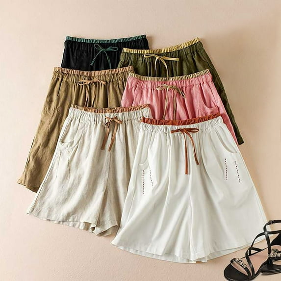 Jacenvly New Workout Clothes for Women Solid Color Cotton Linen Retro Loose Pocket Casual Trousers Middle Pants Shorts Quick Drying Elastic High Waist Workout Shorts for Women Khaki