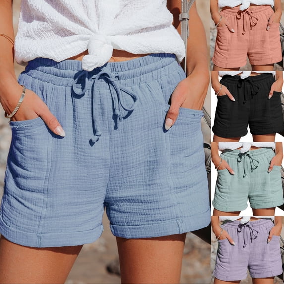 Jacenvly New Workout Clothes for Women Summer Drawstring Elastic Waist Casual Solid Shorts Short Pants Quick Drying High Waisttrendy Womens Clothes Summer Shorts Blue