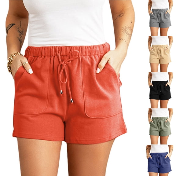 Jacenvly New Young Adult Shorts Women Fashion Solid Color Plus Size Rope Tie Shorts Yoga Sport Shorts Breathable Elastic High Waist Womens Plus Size Shorts Orange