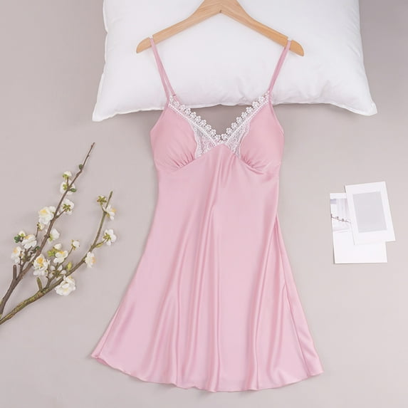 Jacenvly Nightdress for Women with Built in Bra Satin Ladies Fashion Charming Comfortable Solid Color Lace Suspenders Pajamas Dress Woman Nightgown Home Clothes