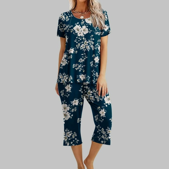 Jacenvly Nightgowns for Women Light Breathable Womens Silk Pajamas Set Printing Round Neck Short Sleeve Sleepshirt and Pants Sets Loungewear Pajamas with Pockets Dark Blue