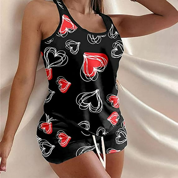 Jacenvly Nightgowns for Women Casual Fashion Onesie Pajamas for Women Printing Set Elastic Waist Short Pants Pajamas Sets Black