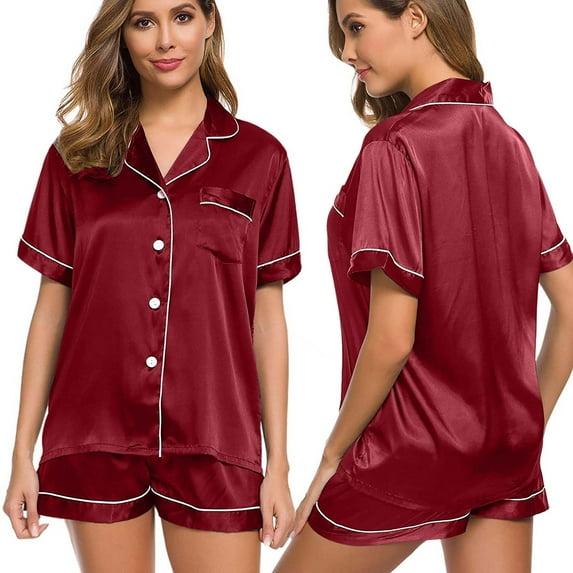 Jacenvly Nightgowns for Women Skin-Friendly Womens Pajamas Set Summer Loose Half V-Neck Solid Mid-Calf Shirt Pajama Sets Wine