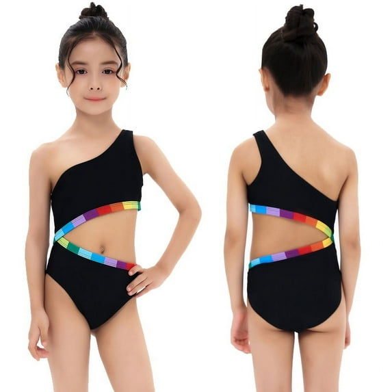 Jacenvly One Piece Baby Girl Swimsuit Comfortable Cute Girls Fashion Swimsuit Set High Waist Backless Swimsuit One-Piece Bikini Set 5-6 Years Black