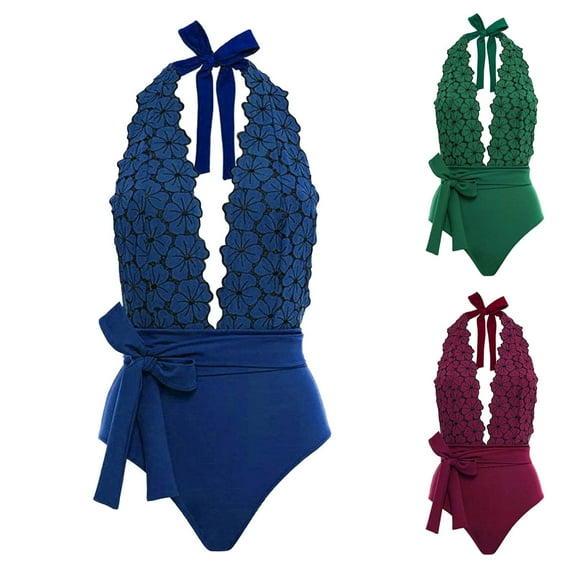 Jacenvly One Piece Bathing Suit for Women Satiny New Style Fashion Backless One-Piece Vintage Print Swimwear Swimsuit Beachwear Bikinis Set Blue