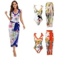 thumbnail image 1 of Jacenvly One Piece Bathing Suit for Women with Wrap Skirts 2 Piece New Style Sleeveless Floral V-Neck Surfing Swimwear Satiny Pink, 1 of 11