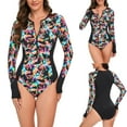 thumbnail image 1 of Jacenvly One Piece Swimsuits for Women Cozy Long Sleeve Diving Suit Floral Zipper Surfing Swimwear Quick Drying Ladies Fashion Multicolor Leaf Flower Print Multicolor, 1 of 9