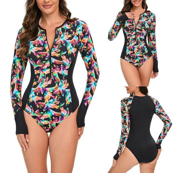 Jacenvly One Piece Swimsuits for Women Cozy Long Sleeve Diving Suit Floral Zipper Surfing Swimwear Quick Drying Ladies Fashion Multicolor Leaf Flower Print Multicolor