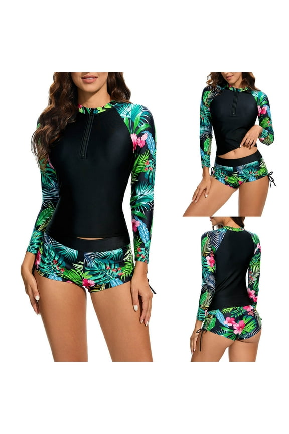 One Piece Swimsuits for Women Fashion Long Sleeve Diving Suit Contrast Color Zip Front Surfing Swimwear Quick Drying Ladies Multicolor Leaf Print Swimming Set Green