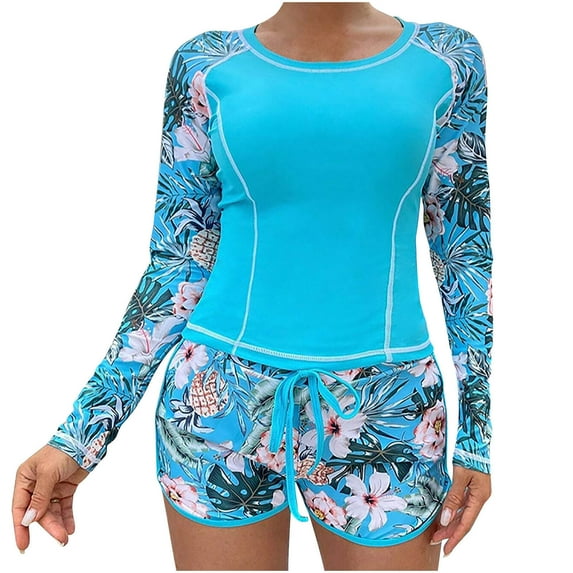 Jacenvly One Piece Swimsuits for Women New Style Long Sleeve Diving Suit Color Block Crewneck Surfing Swimwear Quick Drying Print Patchwork Two Piece Beachwear Light Blue