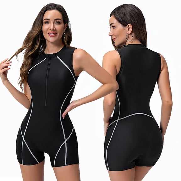 Jacenvly One Piece Swimsuits for Women Trendy Sleeveless Diving Suit Solid Zip Front Surfing Swimwear Lightweight Women'S Oversize Sports Panel Sunscreen Suit Black