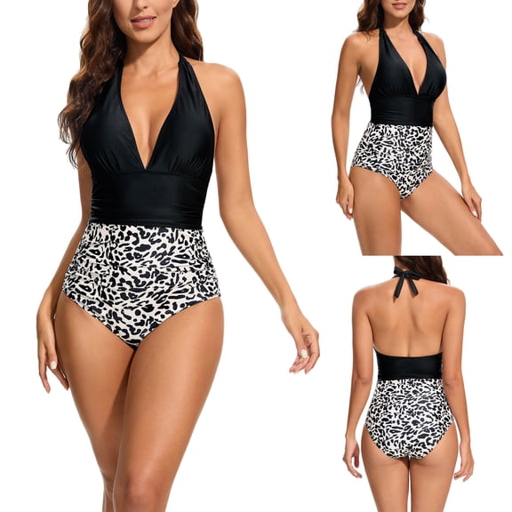 Jacenvly One Piece Swimsuits for Women Modest Trendy Sleeveless Contrast Color Halter Neck Surfing Swimwear Quick Drying Women'S One-Piece Padded Plus Size Overlay Print Bikini Army Green