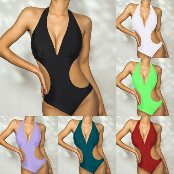 Jacenvly One Piece Swimsuits for Women Plus Size Casual Sleeveless Solid Halter Neck Surfing Swimwear Quick Drying Fashion Women'S Deep V One-Pice Bandage Color Swimsuit Red