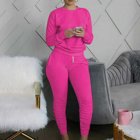 Jacenvly Oversized Sweatshirts for Women Loose Fit Solid Comfort Warmth Tracksuit Set Crewneck Hoodies Elastic Waisted Long Trousers Casual Fashion Two-Piece Set Pink