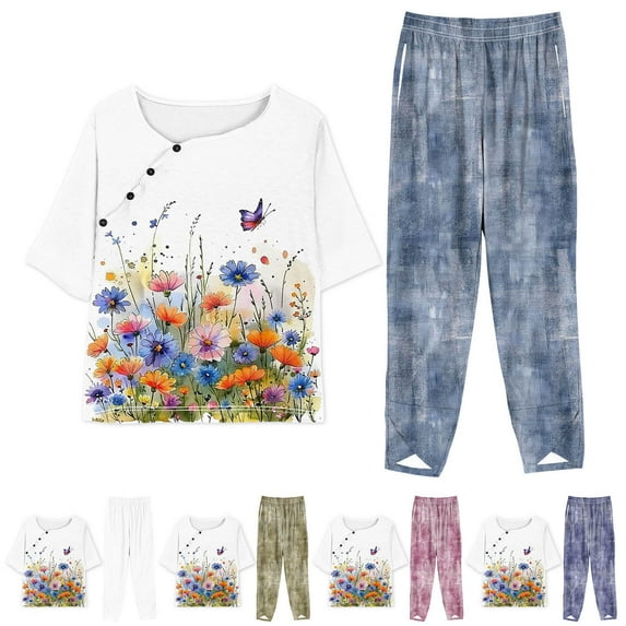 Jacenvly Pajamas Suits Adult Women Fashion Print Casual Loose Fitting Round Neck Short Sleeve Top Pants Two-Piece Set Summer Dresses for Women 2024