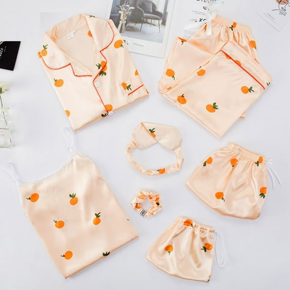 Jacenvly Pajamas for Women Soft Comfortable Women'S Nightgowns & Sleepshirts 7 Pajamas Sets Faux Silk Pyjama Pajamas Sleepwear Sets Spring Summer Homewear Orange