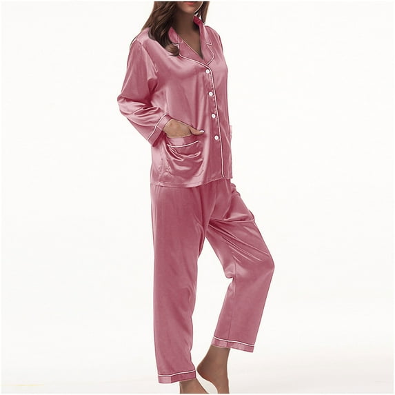 Jacenvly Pajamas for Women Casual Fashion Cotton Pajamas for Women Homewear Long-Sleeve Tops Trousers Color Night Pajamas Suits Hot Pink