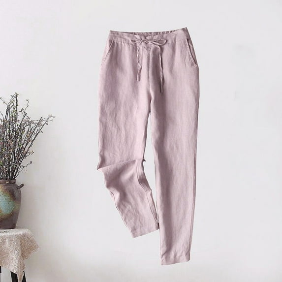 Jacenvly Pants for Women Harem Pants Long High Waisted Drawstring Pocket Plain Women's Pants Fashionable Linen Pants, Cropped Pants, Cotton and Linen Leggings, Loose Casual Pants