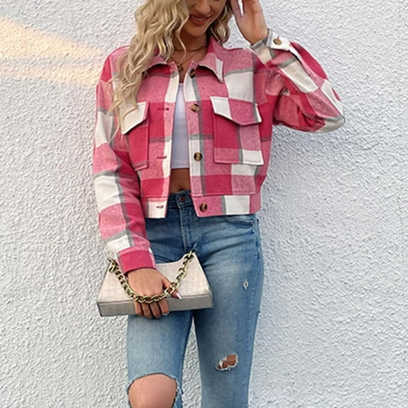 Jacenvly Plaid Shirts for Women Plaid Flannel Jacket Comfort Warmth Long Sleeve Overcoat Lapels Pocket Button up Winter Coats Casual Trendy Crop Tops