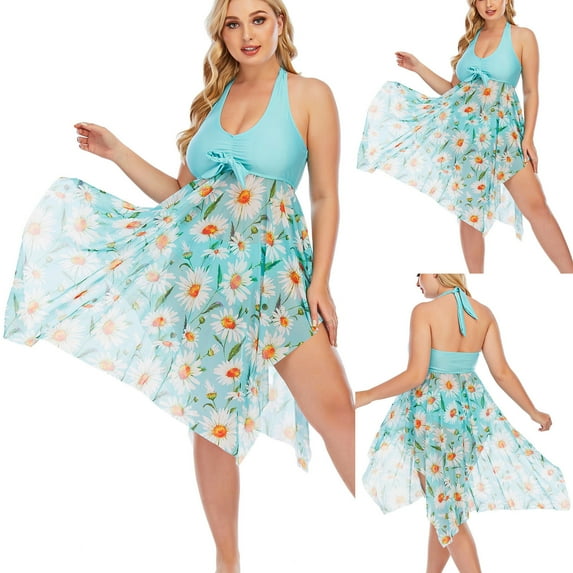 Jacenvly Plus Size Swimsuit for Women Swimdress Two-Piece Swimwear with Flared Skirt Bikini Bathing Suits Light Blue