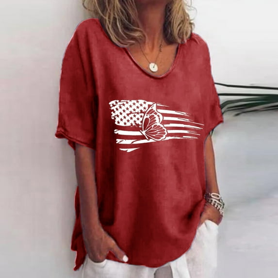 Jacenvly Plusclearance Classic Fourth of July Shirts Ladies Misses Casual Printing Short Sleeves V-Neck Loose T-Shirt Blouse Tops