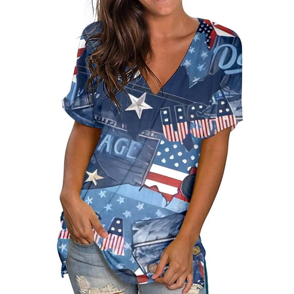 Jacenvly Plus Red White and Blue Women Classic Shirts Misses Crewneck Print Tees Short Sleeve T Shirt Blouse Loose Tops