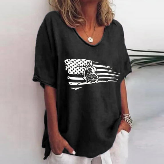 Jacenvly Plus Summer Patriotic Clothing Misses Casual Printing Short Sleeves V-Neck Loose T-Shirt Blouse Tops