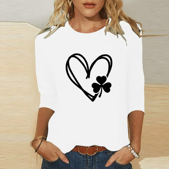 Jacenvly Printed T-shirt 3/4 Sleeves Blouse Crew Neck Leisure Quality Guaranteed! Birthday Gifts for Women Items for Women