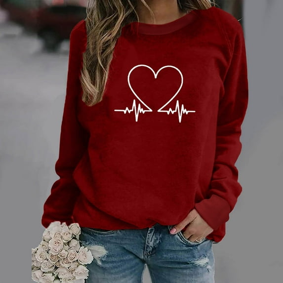 Jacenvly Pullover Sweaters for Women Crewneck Sweatshirt Leisure Long Sleeve Shirt Soft Comfort Heart Printed Women'S Print Sweatshirt Casual Blouse Pullover Tops Wine