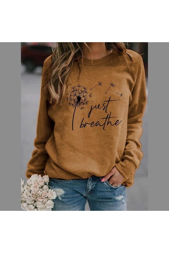 Pullover Sweaters for Women Crewneck Sweatshirt Leisure Long Sleeve Shirt Soft Comfort Print Womens Floral Printing Casual Loose Sweater Tops Khaki