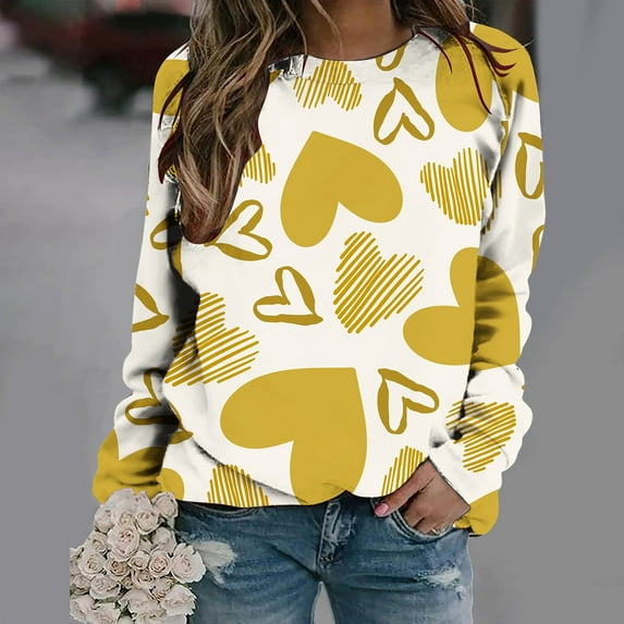 Jacenvly Pullover Sweaters for Women Round Neck Blouse Leisure Long Sleeve Shirt Soft Comfort Heart Printed Valentine'S Day Printed Blouse Casual Tunic Tops Multicolor