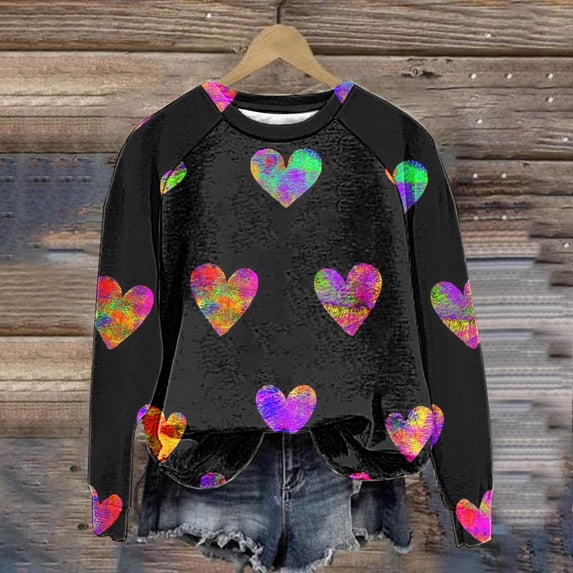 Jacenvly Pullover Sweaters for Women Round Neck Blouse Long Sleeve Shirt Soft Comfort Contrast Color Valentine'S Day Love Printing Loose Fitting Sweater Sweatshirts Black