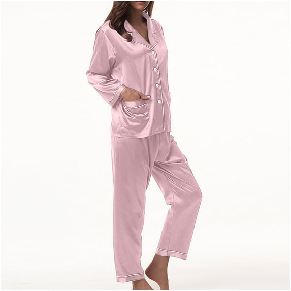 Jacenvly Silk Pajamas for Women Set Light Breathable Holiday Pajamas for Women Homewear Long-Sleeve Tops Trousers Color Night Pajamas Suits Pink