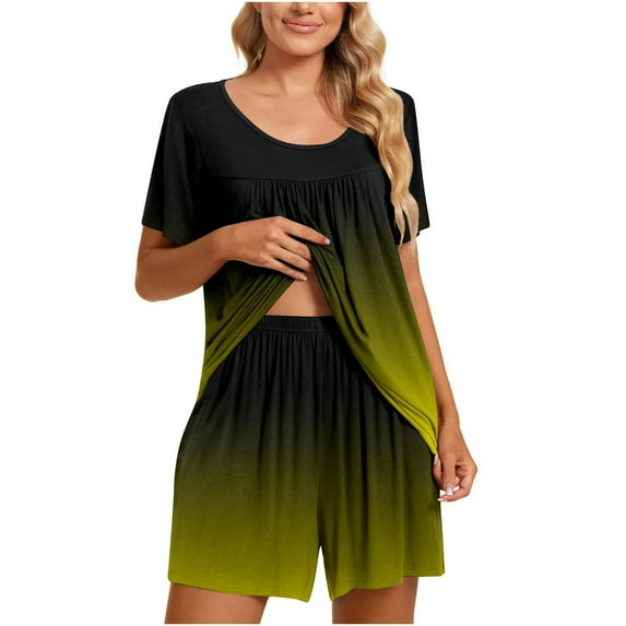 Jacenvly Silk Pajamas for Women Set Clearance Light Breathable Holiday Pajamas for Women Round-Neck Short Sleeve Two-Piece Home Pajamas Sports Set Green