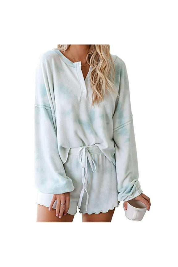 Silk Pajamas for Women Set Light Breathable Holiday Pajamas for Women Tie- Printed Shorts Long Sleeve Tops 2 Piece Pajamas Set Sleepwear Blue