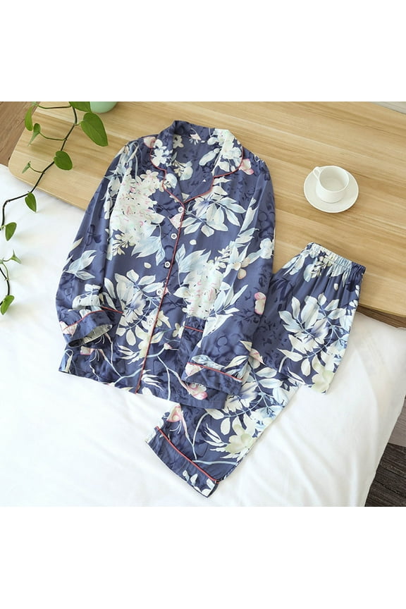 Silk Pajamas for Women Set Skin-Friendly Button up Pajamas for Women 2 Pajamas Sets Cotton Pyjama Pajamas Sleepwear Sets Spring Summer Homewear Blue