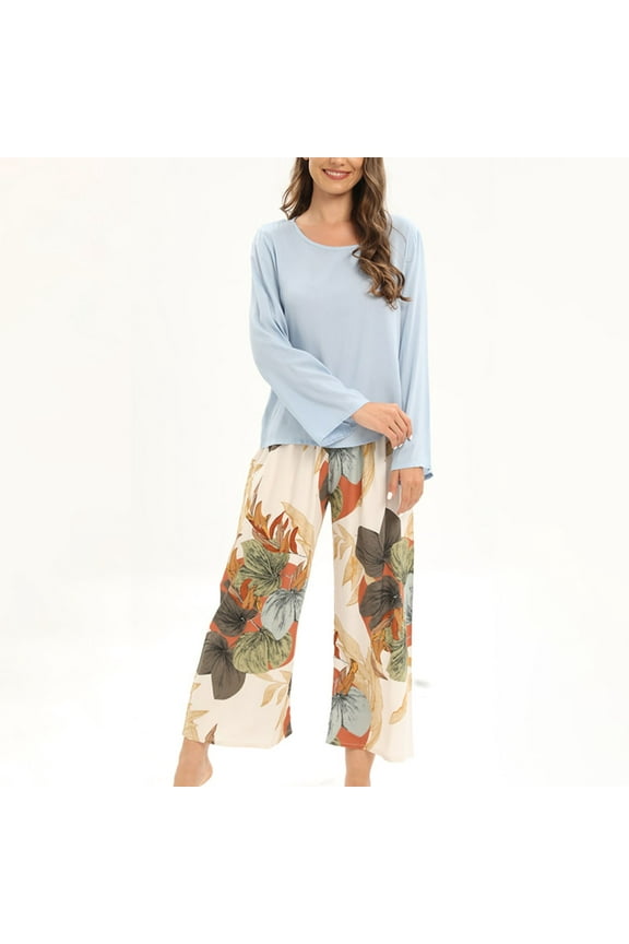 Silk Pajamas for Women Set Soft Comfortable Cotton Pajamas for Women Round- Neck Pajamas Long Sleeve Household Sets Light Blue