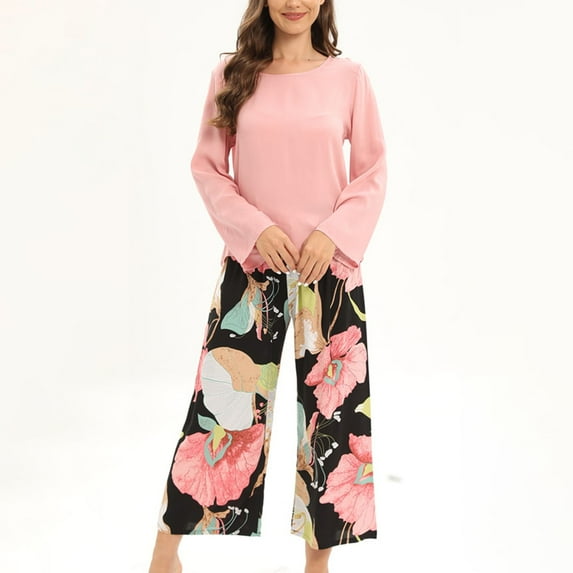Jacenvly Silk Pajamas for Women Set Soft Comfortable Cotton Pajamas for Women Round- Neck Pajamas Long Sleeve Household Sets Pink