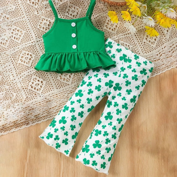 Jacenvly St. Patrick'S Day Toddler Girl Clothes Clearance Lightweight Sleeveless New Style Boat Neck 3 Months-2 Years Old Girls Halter Ruffle Top + Clovers Print Flared Pants Two-Piece Set Green