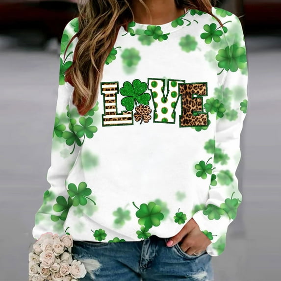 Jacenvly St. Patrick'S Day Womens Pullover Clearance 2024 New Style Long Sleeve T-Shirts for Women Skin-Friendly Crewneck Sweatshirt Womens Fashion Printed T-Shirt Blouse Casual Tops Green