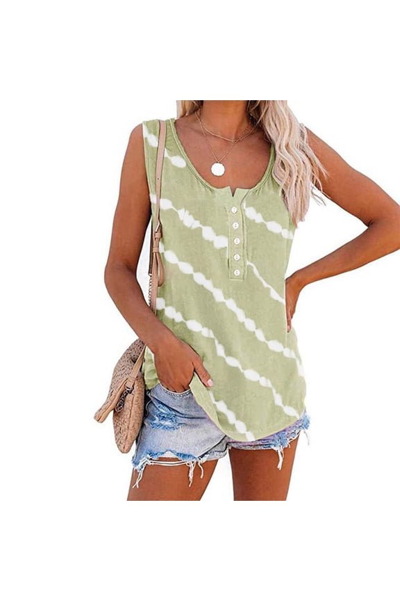 Striped Tank Tops for Women Fashion Casual Printing Pullover Sleeveless T-Shirt Buttton Blouse