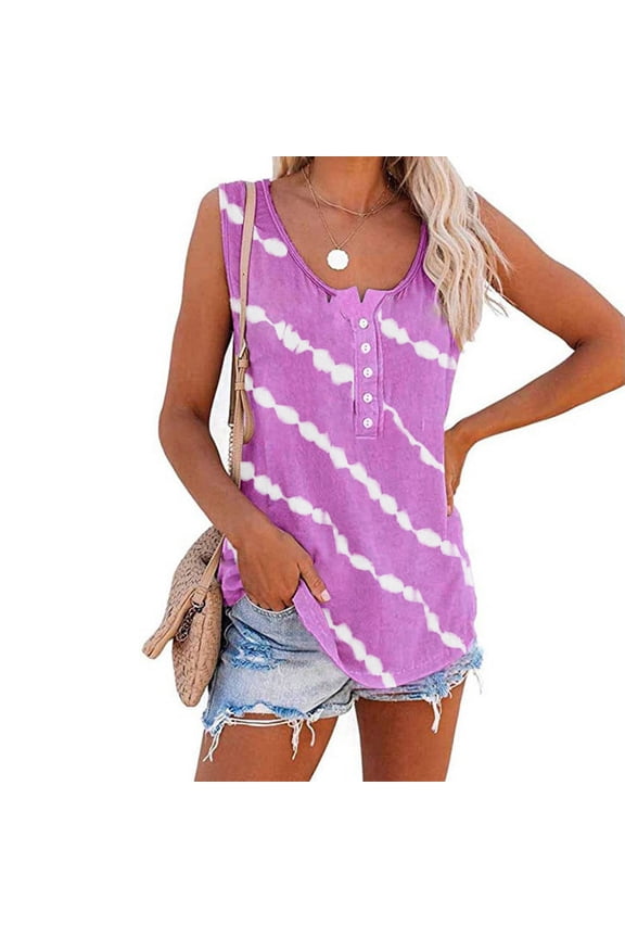 Striped Tank Tops for Women Fashion Casual Printing Pullover Sleeveless T-Shirt Buttton Blouse
